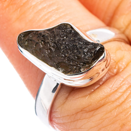 Rare moldavite ring with rough dark green gemstone in 925 sterling silver bezel