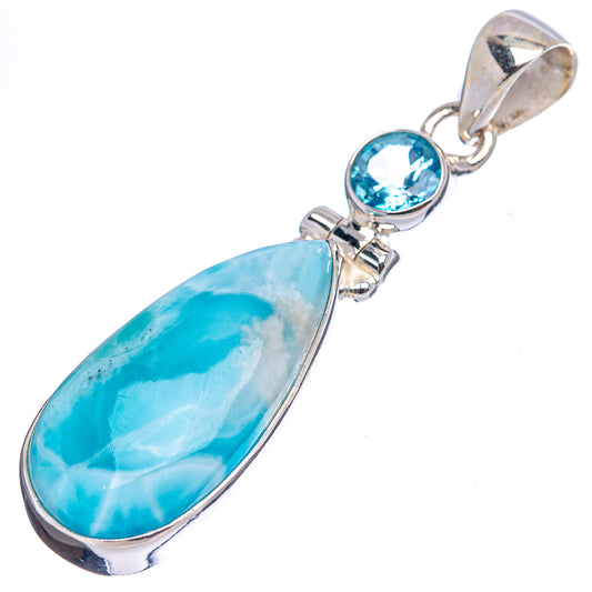 Sterling silver larimar teardrop pendant with round blue topaz and top bail