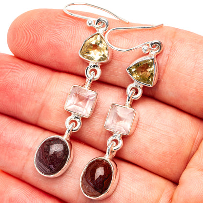 Premium Crazy Lace Agate, Rose Quartz, Lemon Quartz Earrings 2 1/8" (.925 Sterling Silver)