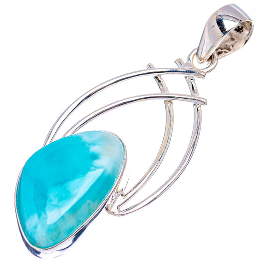Oval Larimar pendant in .925 sterling silver with blue stone and open hoop frame