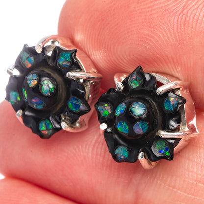 Black Onyx Opal 925 Sterling Silver Earrings 1/2" Ana Co E1153