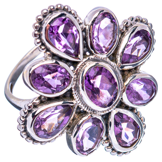 Amethyst flower ring featuring nine oval purple stones in .925 sterling silver.