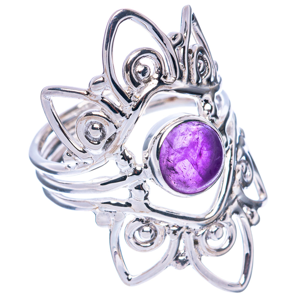 Amethyst cabochon sterling silver ring, detailed winged filigree side view