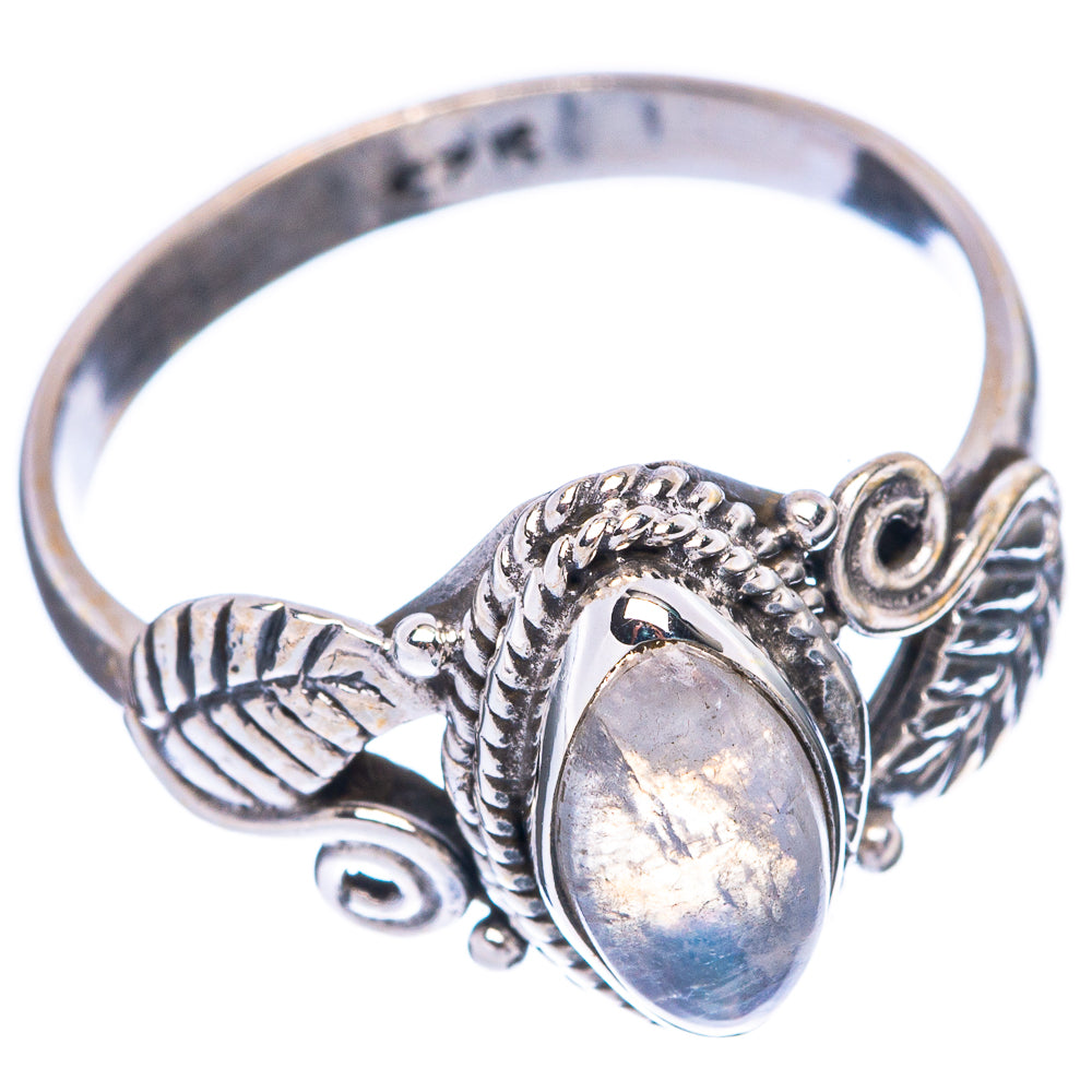 Sterling silver ring with oval moonstone and leaf scroll accents, open band view