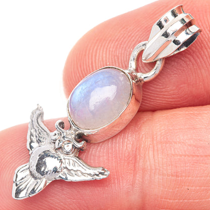 925 sterling silver pendant with oval rainbow moonstone and angel wing charm on bail