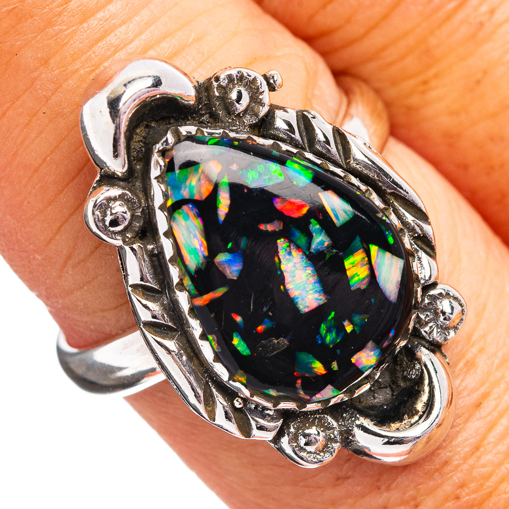 Southwestern Style Mosaic Opal Ring Size 8 Adjustable (.925 Sterling Silver)