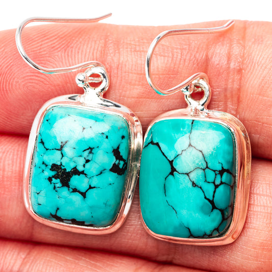 Turquoise cabochon drop earrings in .925 sterling silver, square stones with black veining