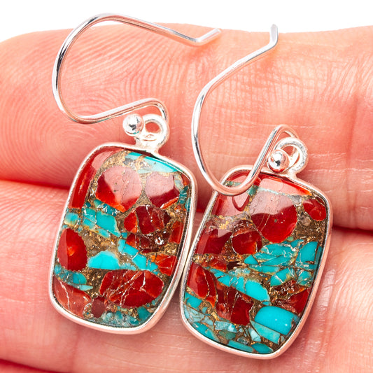 925 sterling silver coral & turquoise matrix drop earrings, teardrop mosaic