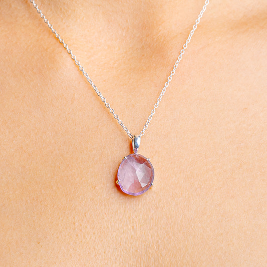 Amethyst pendant necklace with .925 sterling silver chain and round purple gemstone