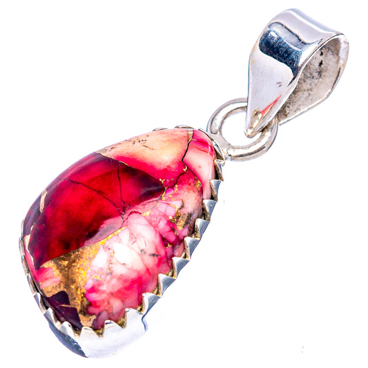 Red and pink marbled teardrop turquoise pendant with scalloped silver bezel and bail.
