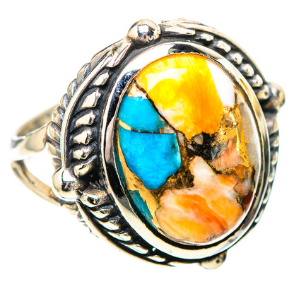 Ornate sterling silver ring with oval bezel, turquoise and yellow-orange spiny oyster