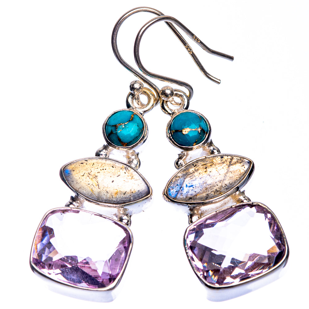 Amethyst, Labradorite, Blue Copper Composite Turquoise Earrings 1 5/8" (925 Sterling Silver) E432653