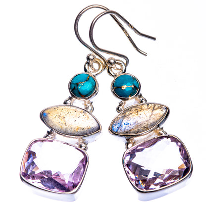 Amethyst, Labradorite, Blue Copper Composite Turquoise Earrings 1 5/8" (925 Sterling Silver) E432653