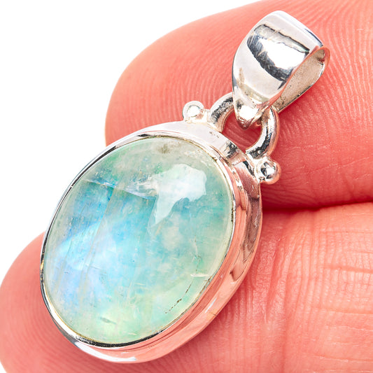 Oval opalescent green-blue moonstone cabochon pendant on .925 sterling silver bail