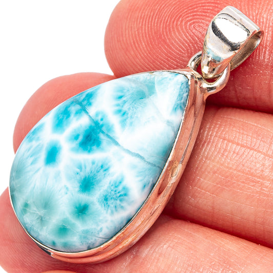 Larimar oval pendant in .925 sterling silver, marbled light-blue stone in bezel