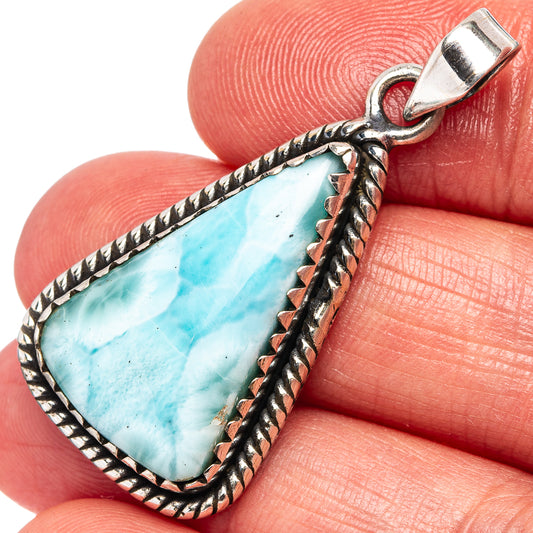 Teardrop larimar pendant with rope-edged .925 sterling silver frame and bail