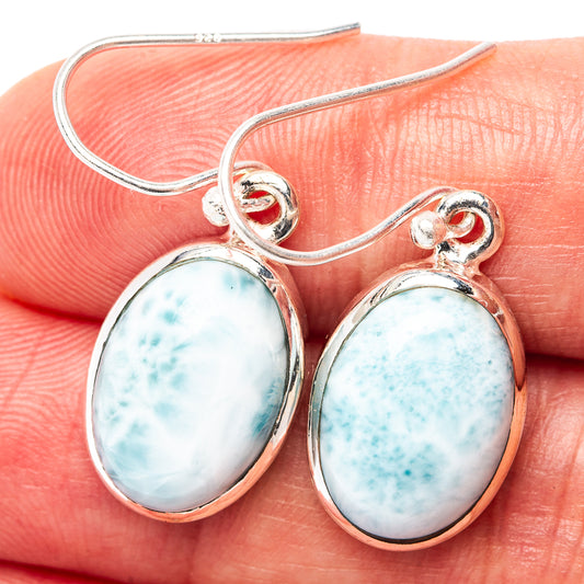 Oval larimar stone drop earrings in .925 sterling silver, fishhook style