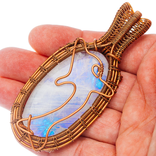 Rainbow Moonstone Wire Warp Pendant 3 1/2" (Copper)