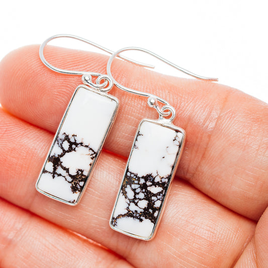 Wild Horse Jasper rectangle drop earrings in .925 sterling silver, white with dark web pattern