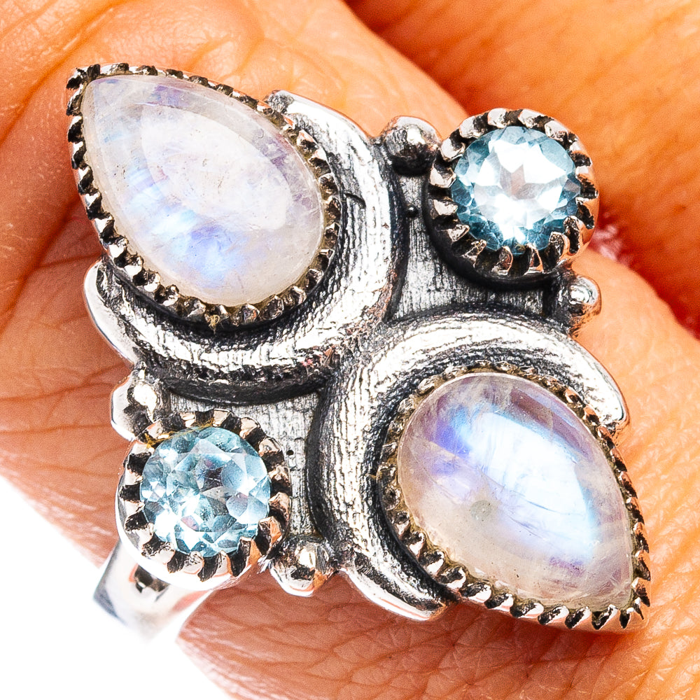 Premium Rainbow Moonstone, Blue Topaz Ring Size 8 (.925 Sterling Silver)