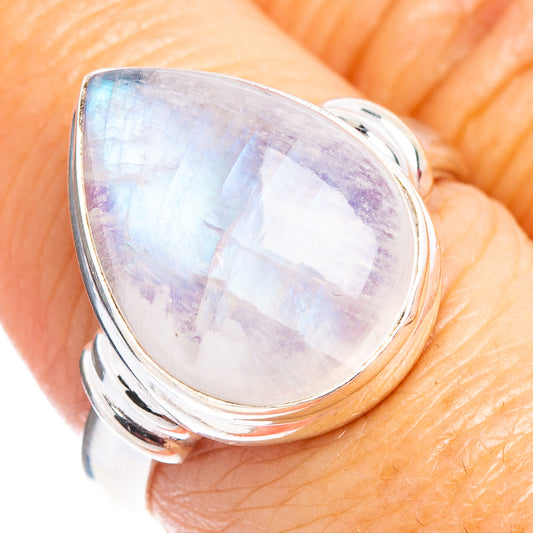 Moonstone ring with oval rainbow cabochon in polished .925 sterling silver bezel