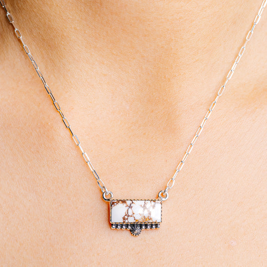 Sterling silver necklace with rectangular wild horse jasper pendant and link chain