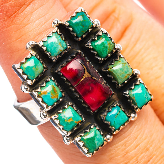 Silver adjustable ring with turquoise square stones and red center inlay, ornate setting