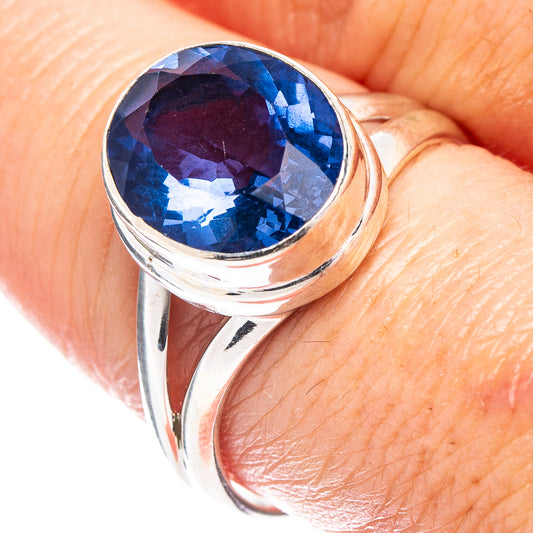 Sterling silver ring with faceted blue fluorite gemstone, round halo setting