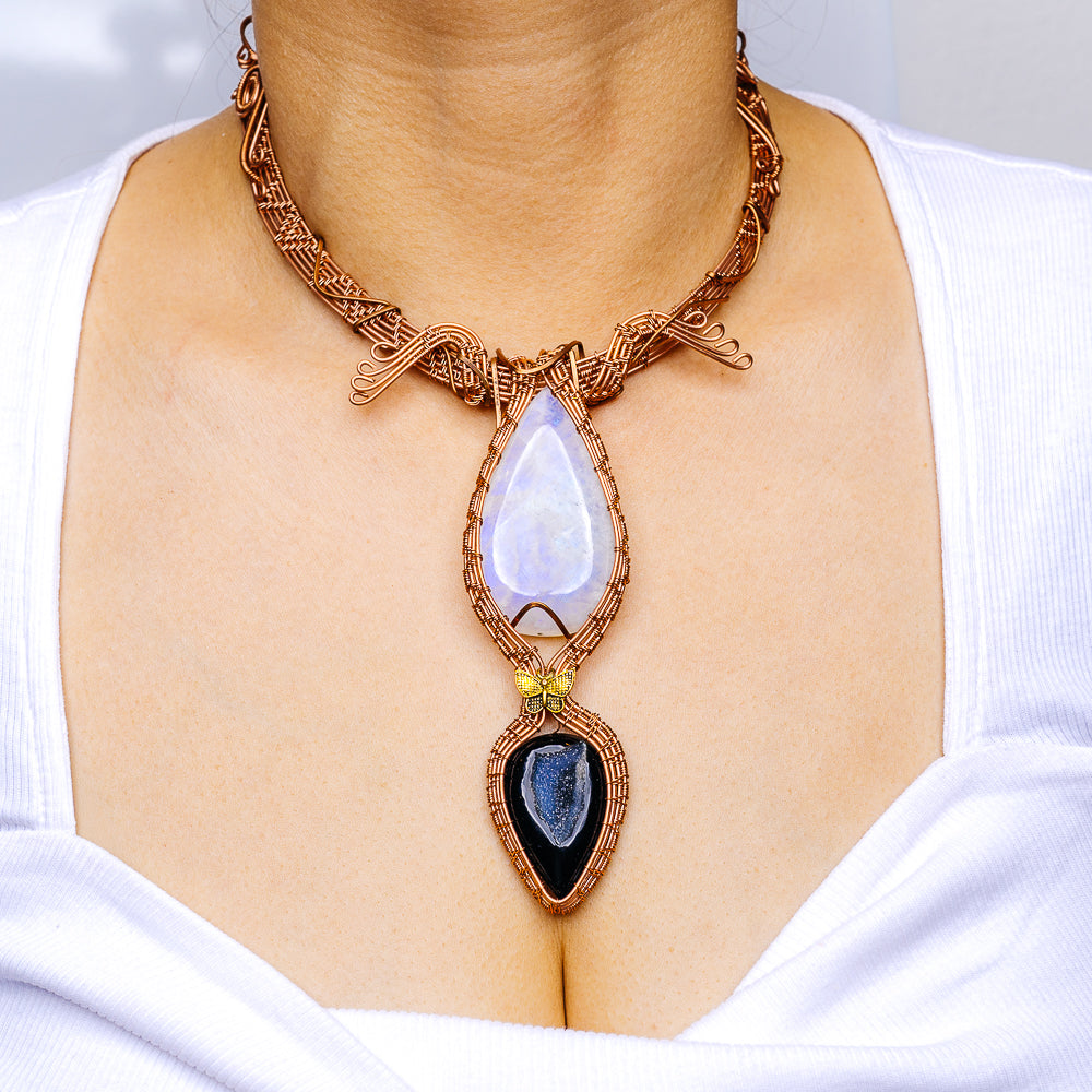 Rainbow Moonstone, Black Druzy Wire Wrap Necklace (Copper)