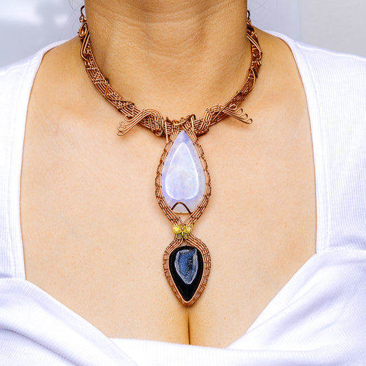Rainbow Moonstone, Black Druzy Wire Wrap Necklace (Copper)