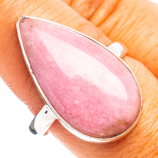 Pink rhodonite teardrop cabochon ring in .925 sterling silver band