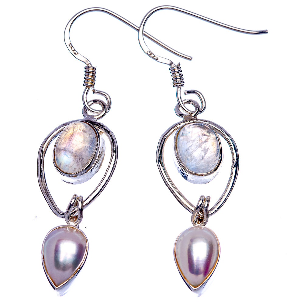 Rainbow Moonstone, Culutred Pearl Earrings 1 3/4" (925 Sterling Silver) E433398