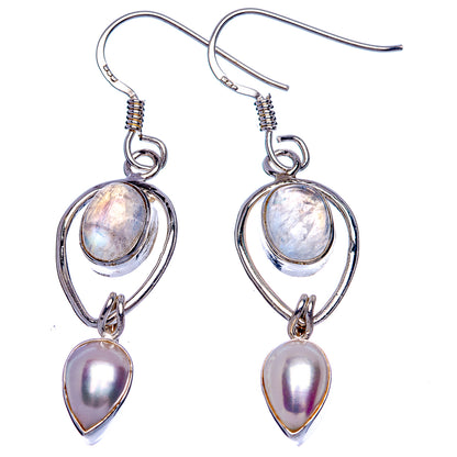 Rainbow Moonstone, Culutred Pearl Earrings 1 3/4" (925 Sterling Silver) E433398