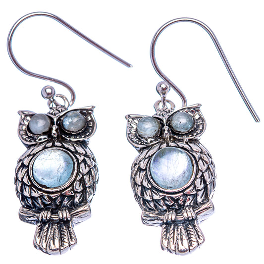 Aquamarine blue owl charm earrings, round cabochons on sterling silver hooks