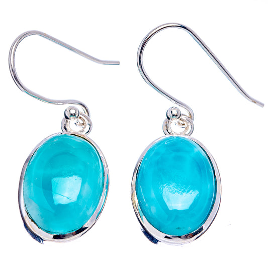 Oval blue larimar drop earrings with sterling silver hooks and bezel-set cabochon