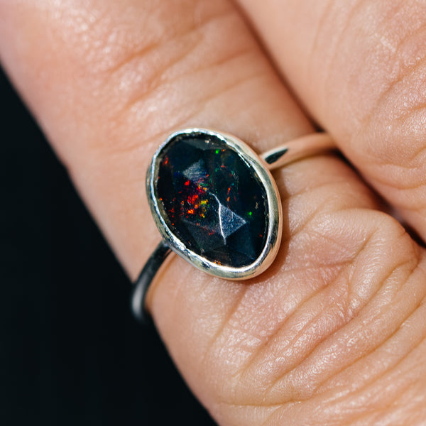 Black Ethiopian Opal Dainty Ring Size 6.75 (.925 Sterling Silver)