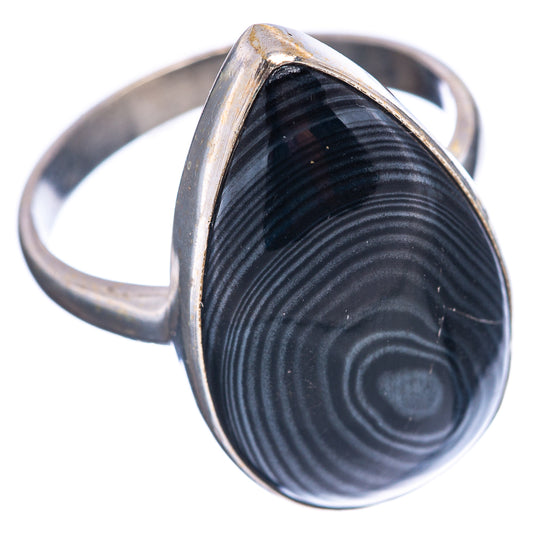 Sterling silver ring with psilomelane cabochon, black swirled lines on silver band