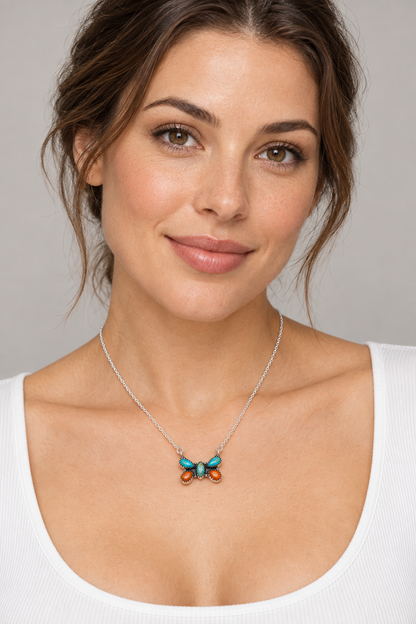 Southwestern Style Orange Sponge Coral, Mojave Turquoise Necklace 17 to 18" (.925 Sterling Silver)