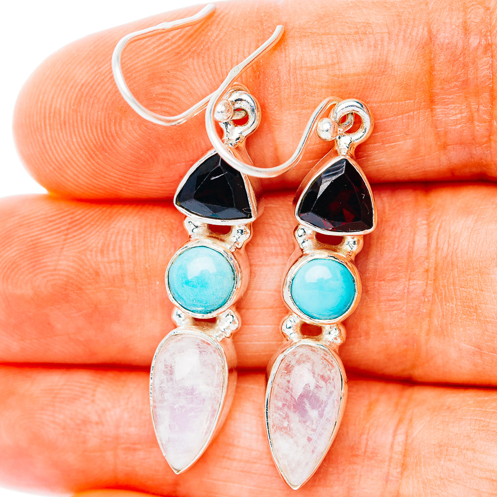 925 sterling silver drop earrings with dark stone, turquoise round, and pink dangles