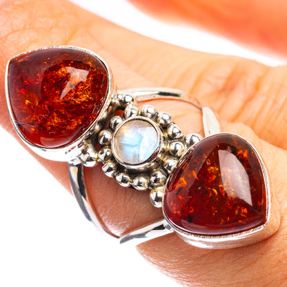 Large Baltic Amber, Rainbow Moonstone Ring Size 6 (925 Sterling Silver) R143037
