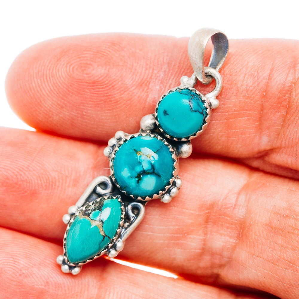 Southwestern Style Tibetan Turquoise Pendant 1 5/8" (.925 Sterling Silver)