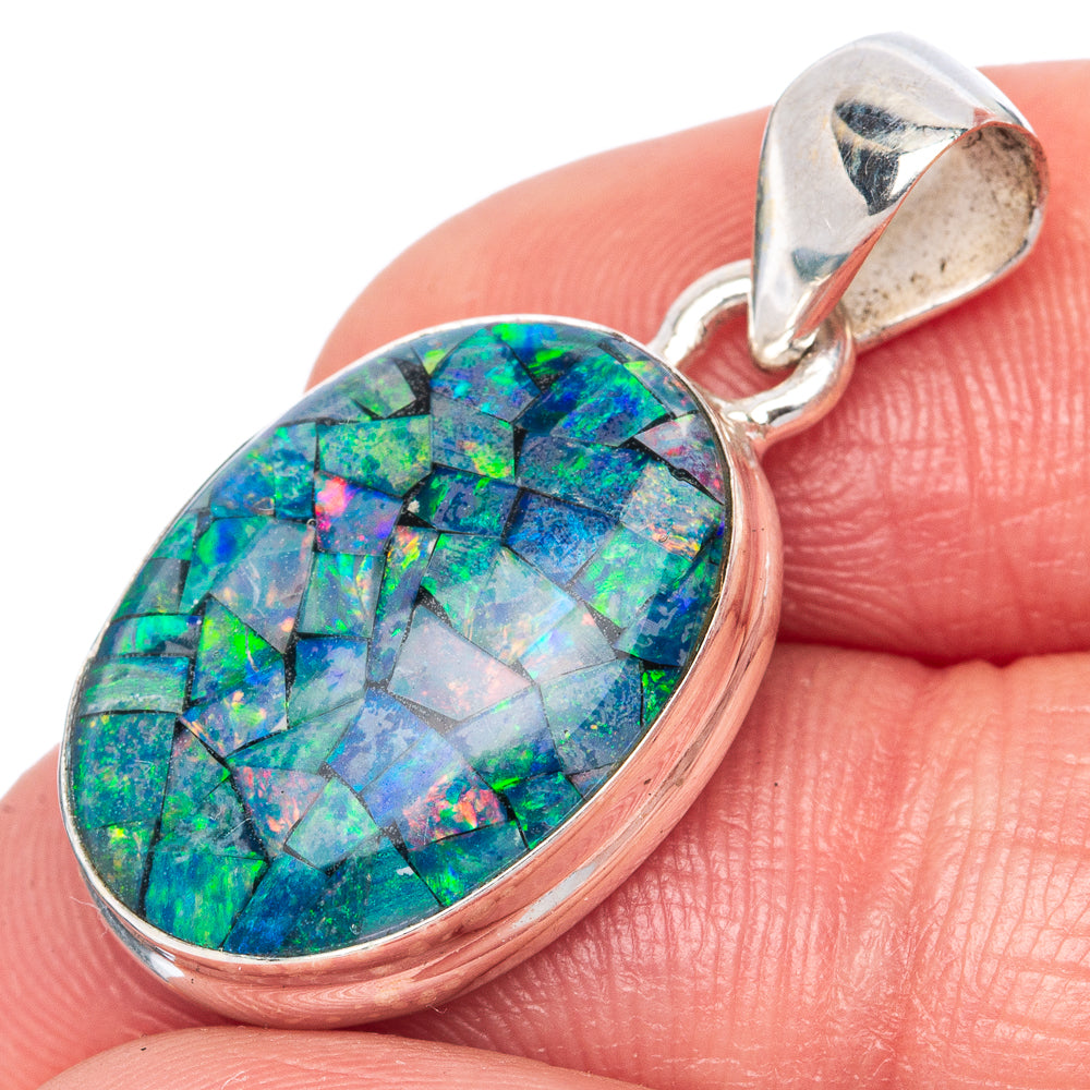 Oval blue-green opal triplet pendant in 925 sterling silver bezel on bail