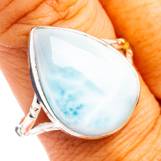 Teardrop larimar stone ring in .925 sterling silver, oval face with bezel setting