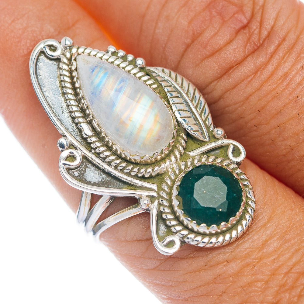 925 sterling silver ring with oval rainbow moonstone and round dark green gemstone