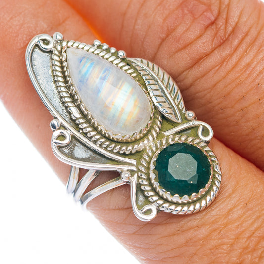 Premium Rainbow Moonstone, Emerald Ring Size 8.75 (.925 Sterling Silver)