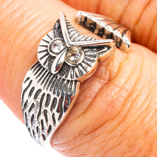 Sterling silver owl dainty ring with round cubic zirconia detail on the face