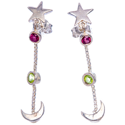 Garnet, Peridot Moon Star Earrings 1 1/2" (925 Sterling Silver) E433448