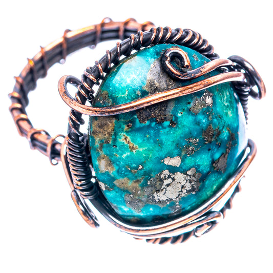 Turquoise oval-stone wire wrap ring in oxidized copper, openwork band