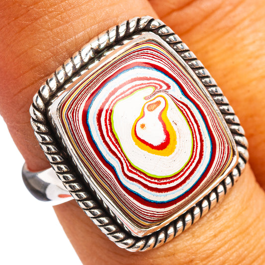 Sterling silver ring with square cabochon and rope bezel, colorful striped fordite inlay