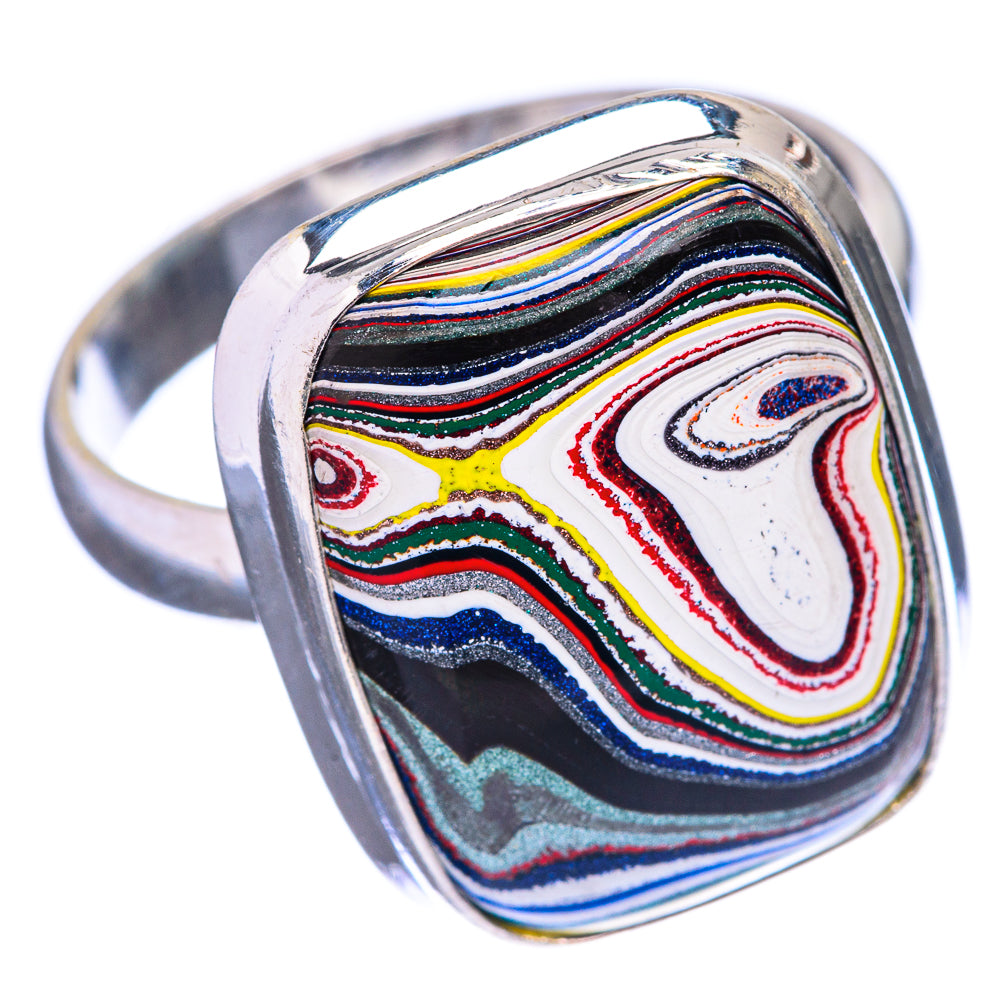 Sterling silver fordite ring, sideways oval mosaic in white, red, blue, yellow and green, 10.5